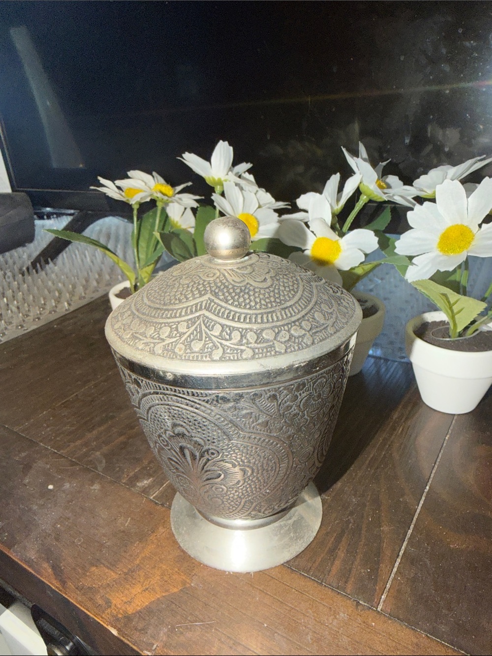 Ornate Embossed Lidded Vase in Antique Silver Tone